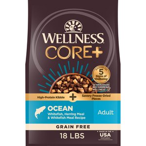Wellness CORE+ High Protein Grain-Free Ocean Whitefish, Herring & Salmon Meal Recipe Dry Dog Food, 18-lb bag