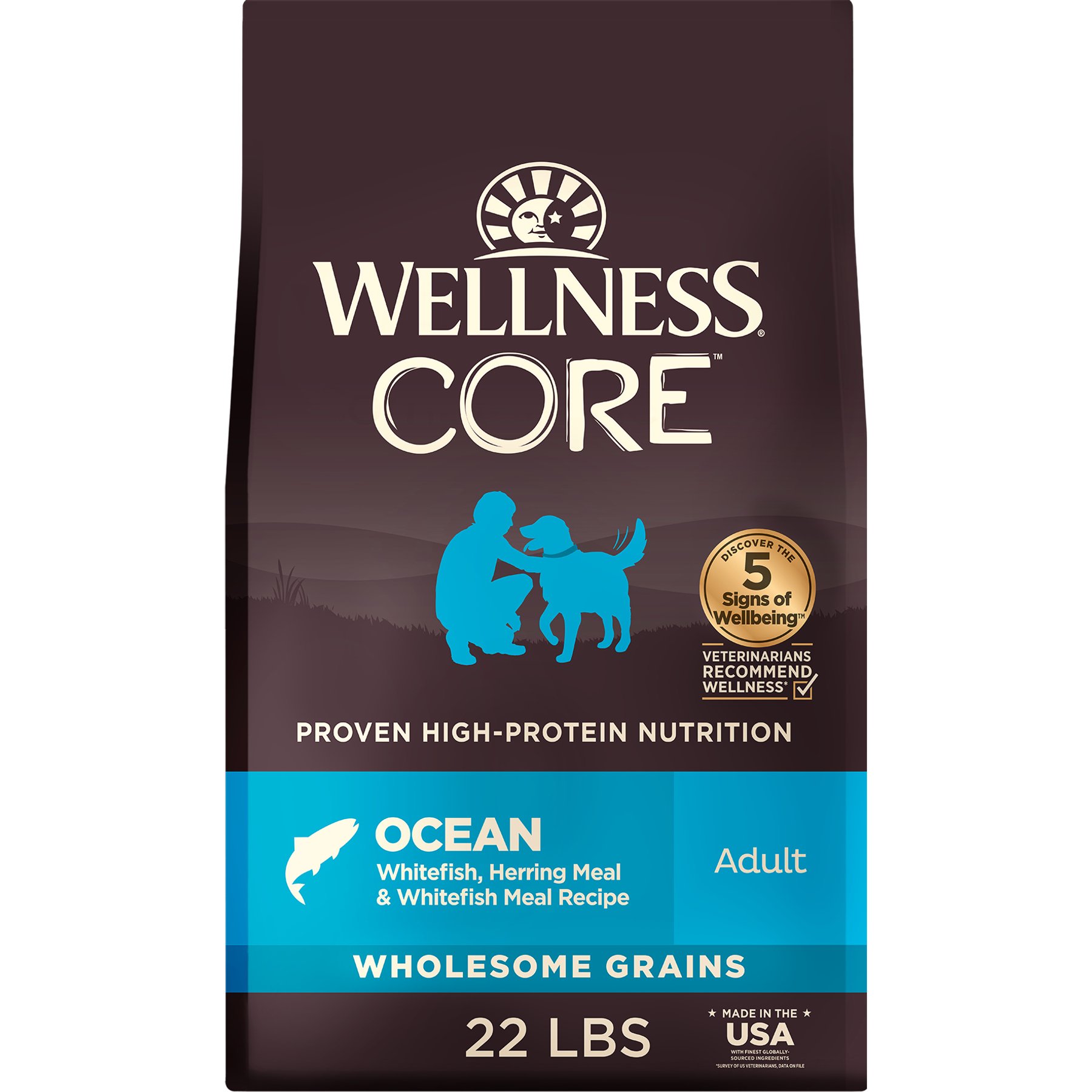 Wellness CORE Adult Wholesome Grains High-Protein Natural Ocean Whitefish & Herring Dry Dog Food, 22-lb bag