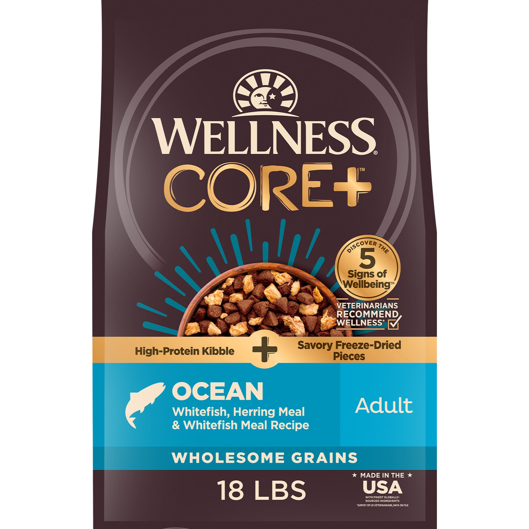 Wellness CORE+ with Freeze-Dried Pieces Adult Wholesome Grains High-Protein Natural Ocean Whitefish, Herring, & Salmon Dry Dog Food, 18-lb bag