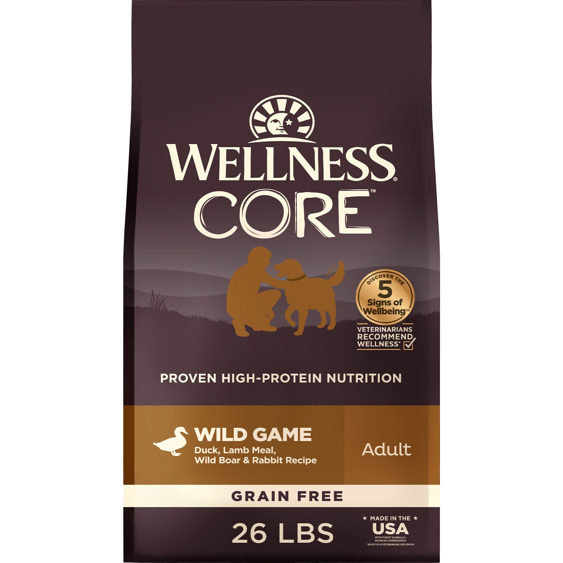Wellness CORE Adult Grain-Free High-Protein Natural Wild Game Duck, Lamb Meal, Boar, & Rabbit Dry Dog Food, 26-lb bag