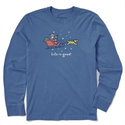 LIFE IS GOOD Christmas Men's Jake & Rocket Sleigh Ride Long Sleeve Crusher Tee, Vintage Blue, X-Large