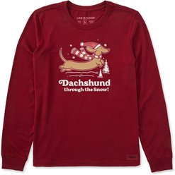 LIFE IS GOOD Christmas Women's Dachshund Through the Snow Long Sleeve Crusher Tee, Adirondack Red, X-Small slide 1 of 2