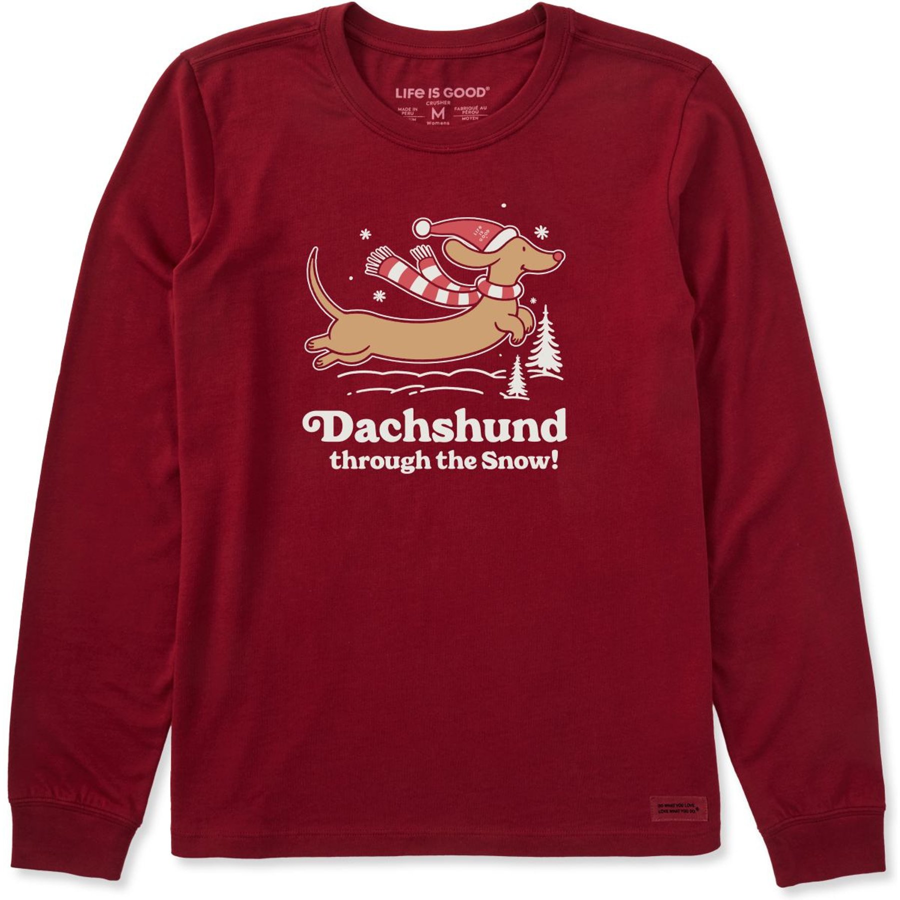 LIFE IS GOOD Christmas Women's Dachshund Through the Snow Long Sleeve Crusher Tee, Adirondack Red, X-Large