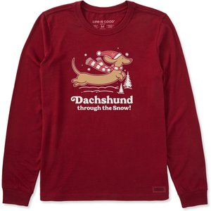 LIFE IS GOOD Women's Dachshund Through the Snow Long Sleeve Crusher Tee, Adirondack Red, Medium