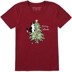 LIFE IS GOOD Women's Merry Catmas Climber Short Sleeve Crusher Tee, Adirondack Red, Small