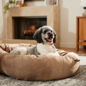 Frisco Velvet Round Bolster Dog Bed w/Removable Cover, Beige, X-Large