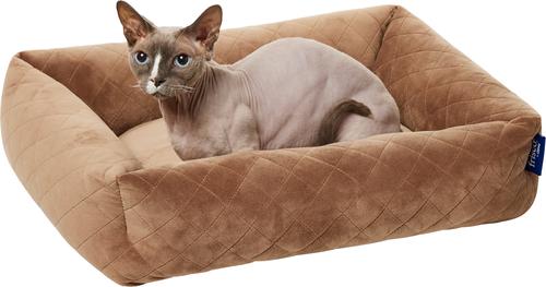 Show full view: Frisco Velvet Quilted Bolster Cat & Dog Bed, Beige, Small slide 3 of 9