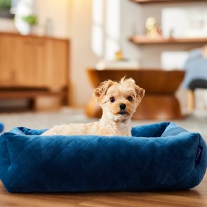 Frisco Velvet Quilted Bolster Cat & Dog Bed, Blue, Small