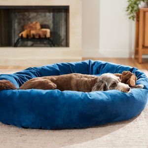 Frisco Velvet Round Bolster Dog Bed w/Removable Cover, Blue, X-Large