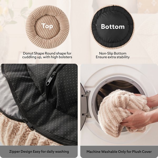 Show full view: Invenho Dog & Cat Bed with Washable Removable Cover, Beige, 23 x 23 x 8-in slide 4 of 6