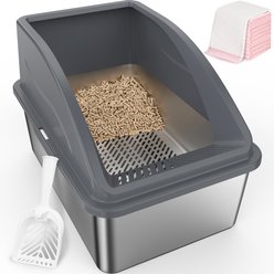 Invenho Stainless Steel Non Clumping High Sided Cat Litter Box with Lid, XX-Large: 22.85-in, Dark Gray