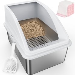 Invenho Stainless Steel Non Clumping High Sided Cat Litter Box with Lid, XX-Large: 22.85-in, Silver Gray