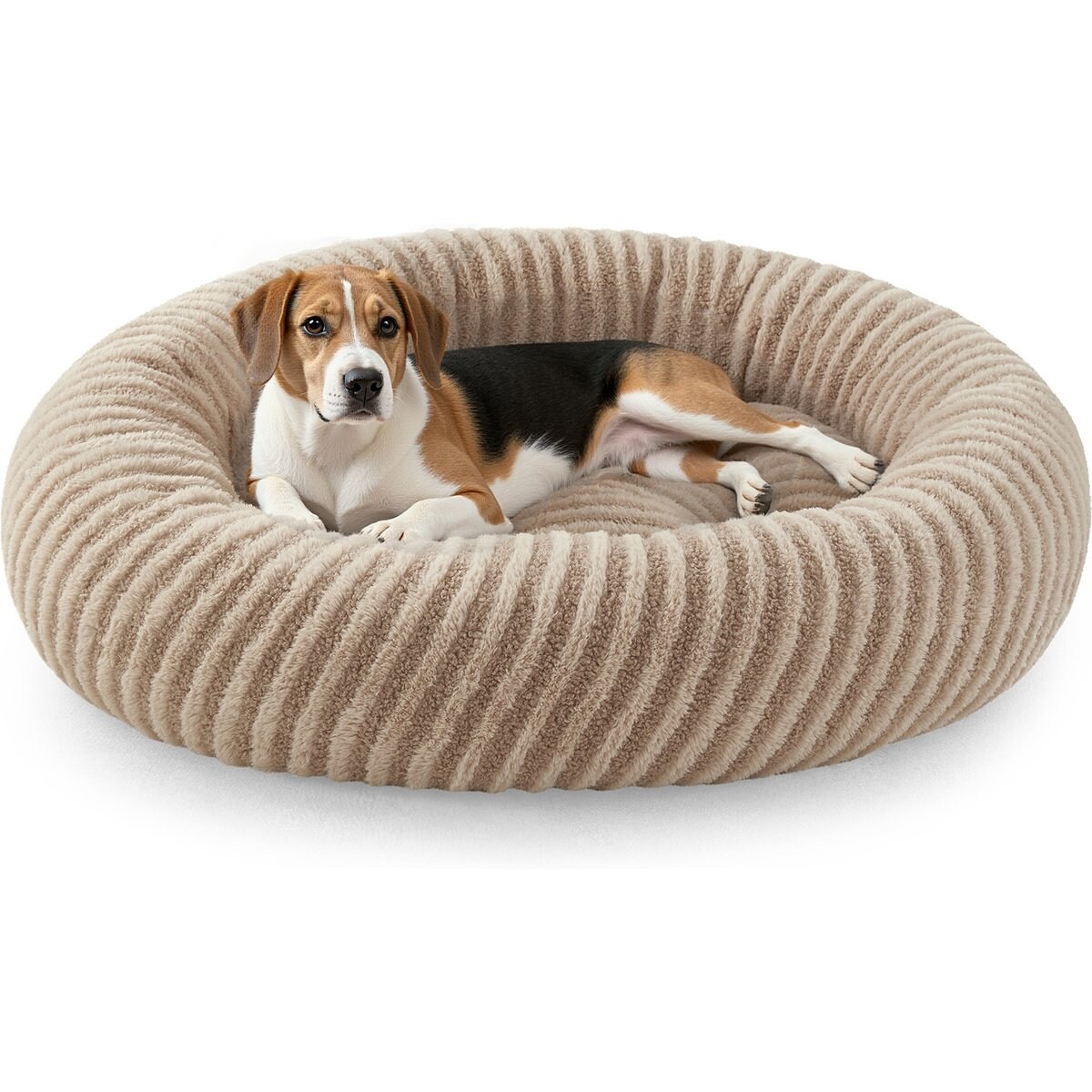 Invenho Donut Cute Round Calming Bolster Dog Bed with Removable Washable Cover, Beige, Large: 30 x 30 x 8-in