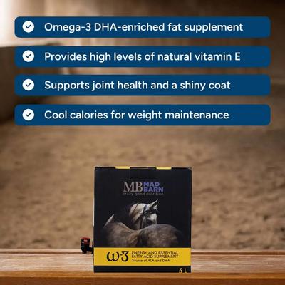 Show full view: Mad Barn W-3 Oil DHA-Enriched Fat Source of Omega-3s Horse Supplement, 5-l box slide 3 of 4