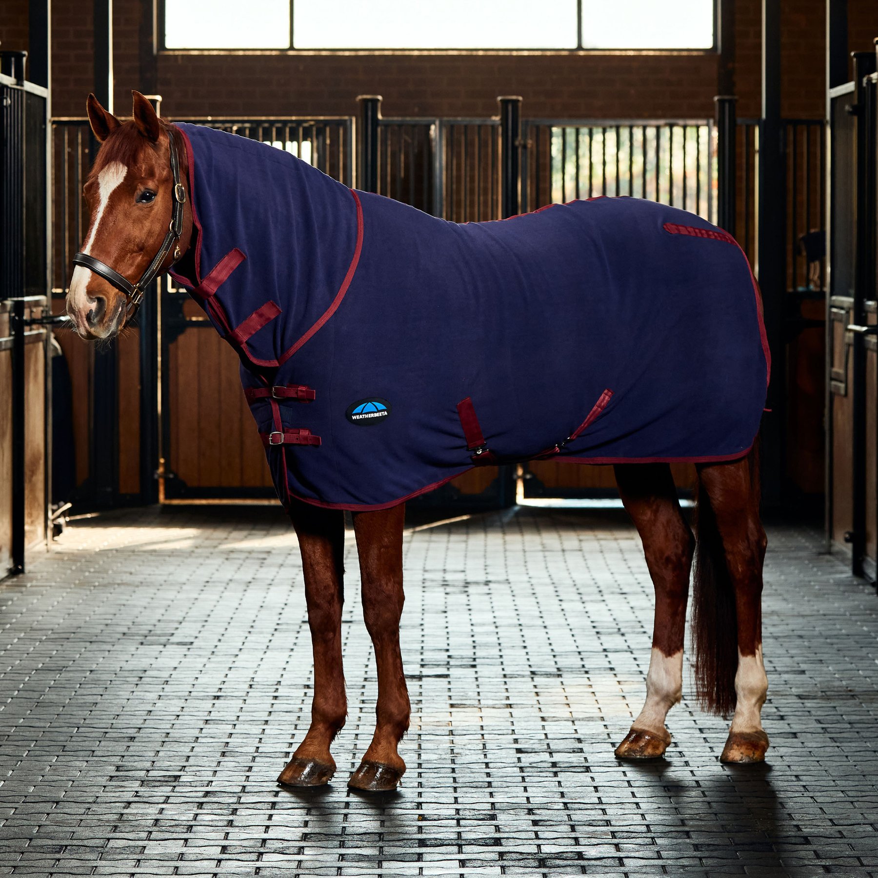 WeatherBeeta Anti-Static Fleece Combo Neck Horse Cooler, Navy/Burgundy, 72-in