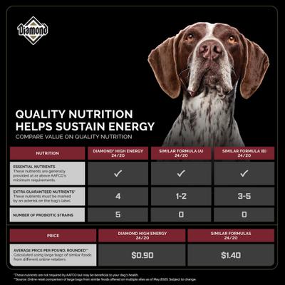 Show full view: Diamond High Energy 24/20 for Highly Active, Sporting & Working Adult Dogs Dry Food, 50-lb bag slide 4 of 10