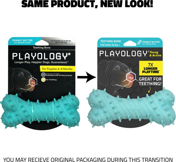 Show full view: Playology Peanut Butter Scented Young & Active Teething Bone Dog Toy, Jumbo, 1 count slide 2 of 10
