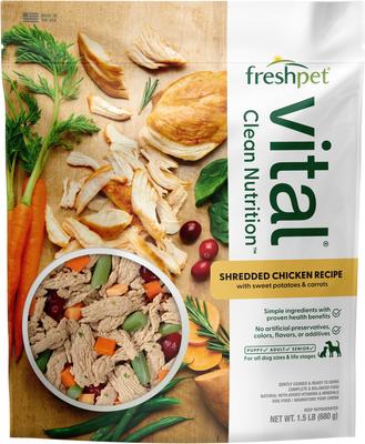 Show full view: Freshpet Vital Shredded Chicken Recipe with Sweet Potatoes & Carrots Fresh Dog Food, 1.5-lb bag, case of 4 slide 4 of 11