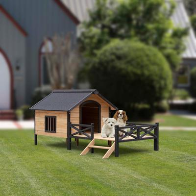 Show full view: AOSTIRMOTOR Wooden Outdoor Cabin Dog House with Porch, Large, Antique Brown slide 7 of 7