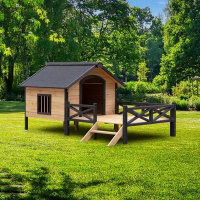 Show full view: AOSTIRMOTOR Wooden Outdoor Cabin Dog House with Porch, Large, Antique Brown slide 6 of 7