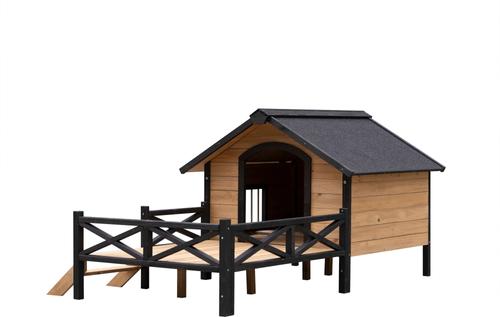 Show full view: AOSTIRMOTOR Wooden Outdoor Cabin Dog House with Porch, Large, Antique Brown slide 5 of 7