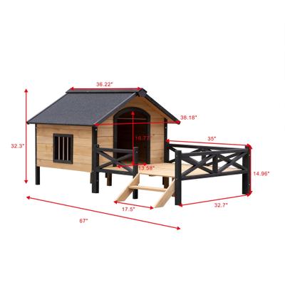 Show full view: AOSTIRMOTOR Wooden Outdoor Cabin Dog House with Porch, Large, Antique Brown slide 2 of 7