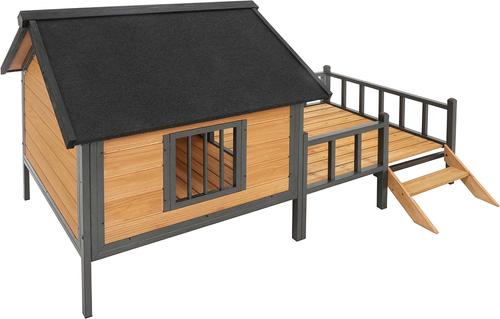 Show full view: AOSTIRMOTOR Wooden Outdoor Cabin Dog House with Porch, Large, Yellow Brown slide 5 of 7