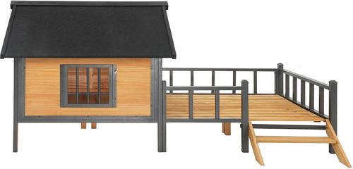 Show full view: AOSTIRMOTOR Wooden Outdoor Cabin Dog House with Porch, Large, Yellow Brown slide 7 of 7