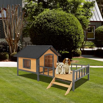 Show full view: AOSTIRMOTOR Wooden Outdoor Cabin Dog House with Porch, Large, Yellow Brown slide 6 of 7