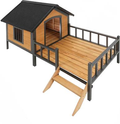 Show full view: AOSTIRMOTOR Wooden Outdoor Cabin Dog House with Porch, Large, Yellow Brown slide 4 of 7