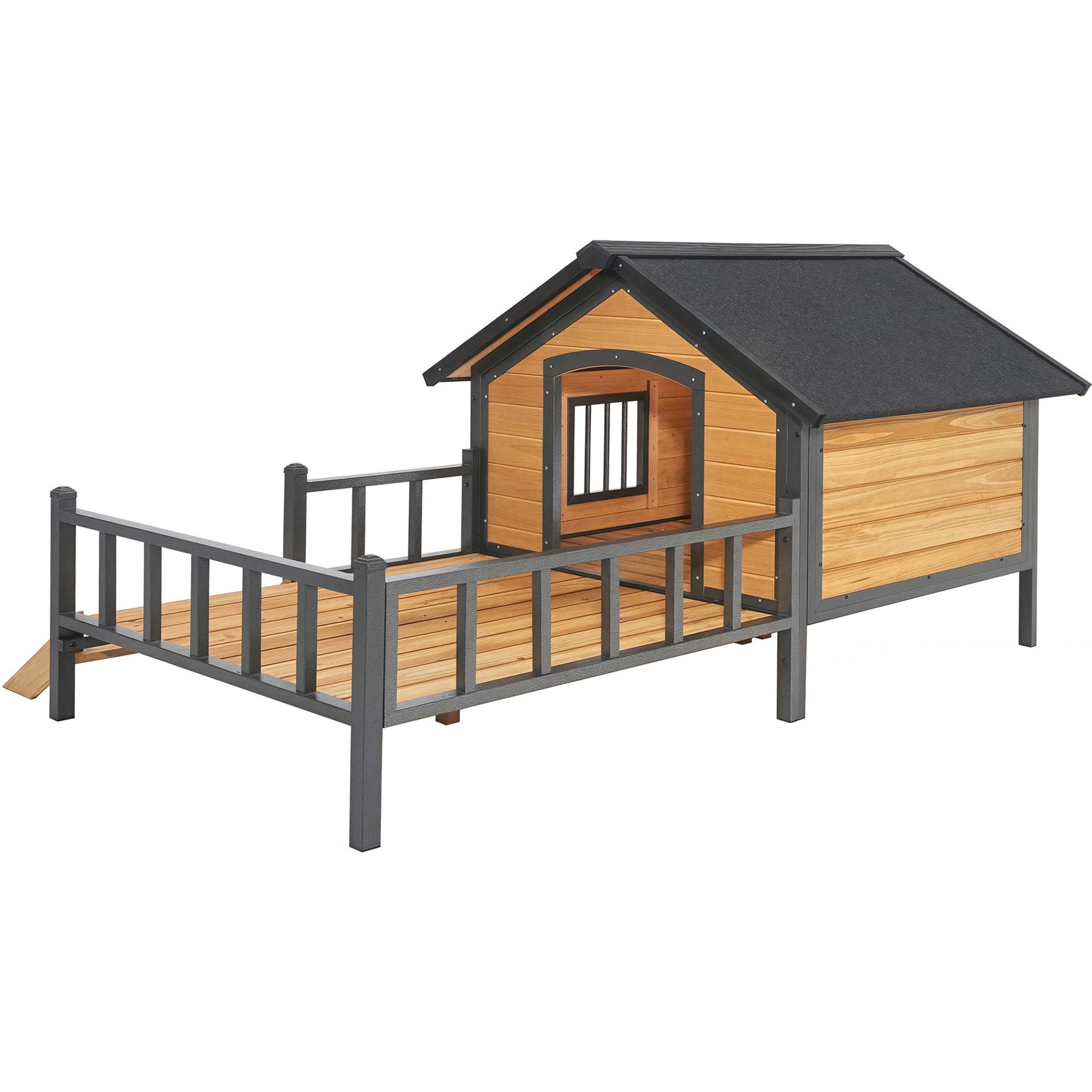 AOSTIRMOTOR Wooden Outdoor Cabin Dog House with Porch, Large, Yellow Brown