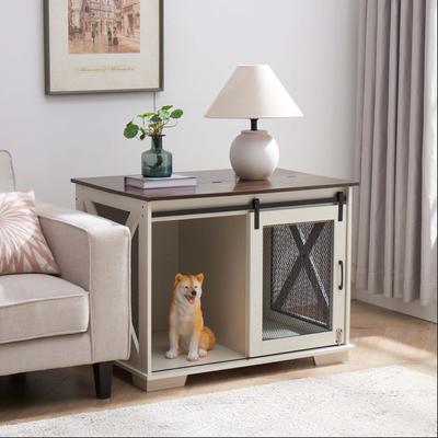 Show full view: AOSTIRMOTOR Farmhouse Wooden End Table Dog Kennel with Flip-top Plate & Sliding Barn Door, White slide 5 of 9
