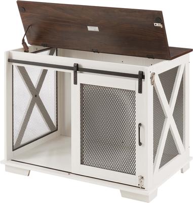Show full view: AOSTIRMOTOR Farmhouse Wooden End Table Dog Kennel with Flip-top Plate & Sliding Barn Door, White slide 9 of 9