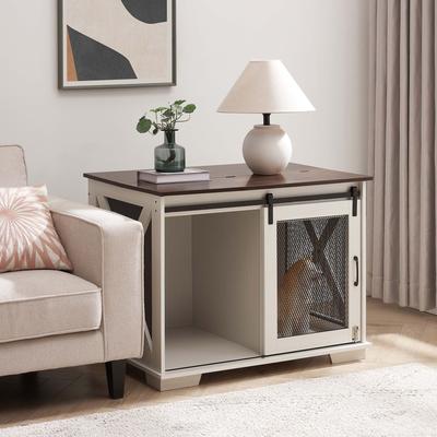 Show full view: AOSTIRMOTOR Farmhouse Wooden End Table Dog Kennel with Flip-top Plate & Sliding Barn Door, White slide 4 of 9