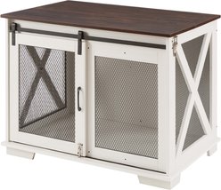 AOSTIRMOTOR Farmhouse Wooden End Table Dog Kennel with Flip-top Plate & Sliding Barn Door, White