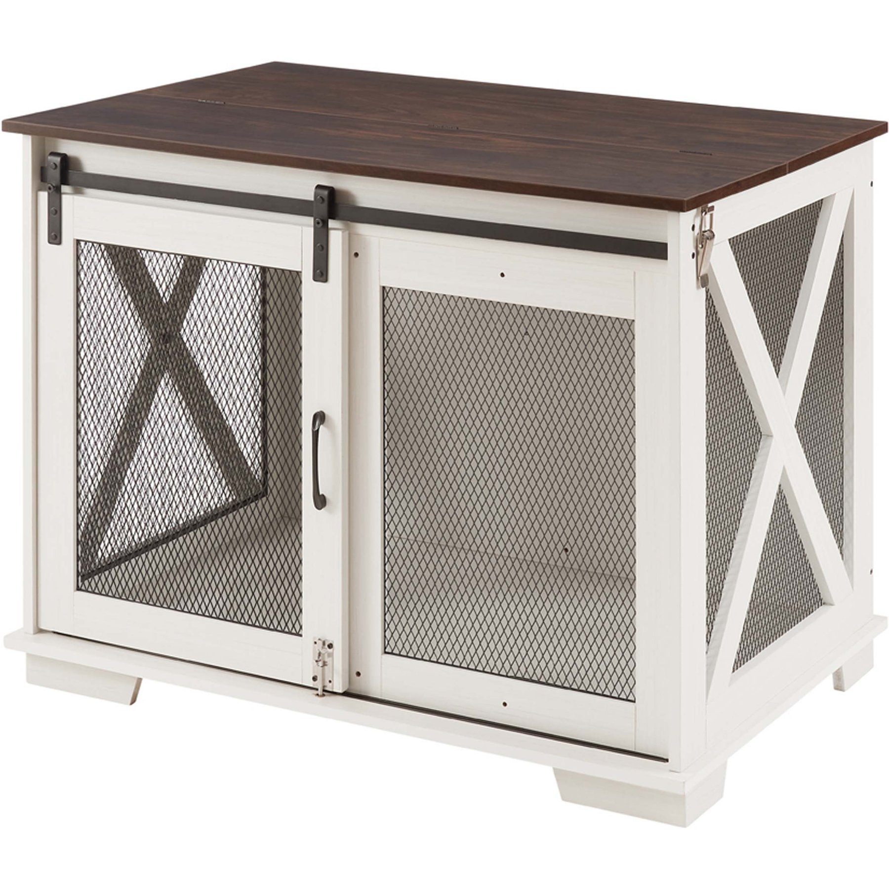 AOSTIRMOTOR Farmhouse Wooden End Table Dog Kennel with Flip-top Plate & Sliding Barn Door, White