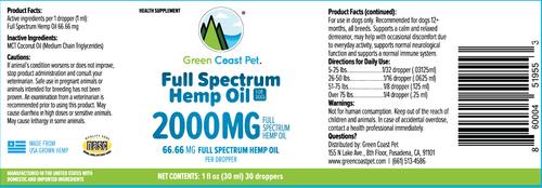 Show full view: Green Coast Pet Full Spectrum Hemp Oil Liquid Calming Supplement for Dogs, 2000 mg, 1-fl oz bottle slide 3 of 3