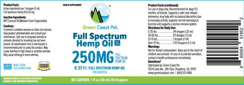 Show full view: Green Coast Pet Full Spectrum Hemp Oil Liquid Calming Supplement for Dogs, 250 mg, 1-fl oz bottle slide 3 of 3