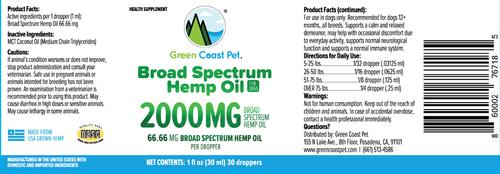 Show full view: Green Coast Pet Broad Spectrum Hemp Oil Liquid Calming Supplement for Dogs, 2000 mg, 1-fl oz bottle slide 3 of 3