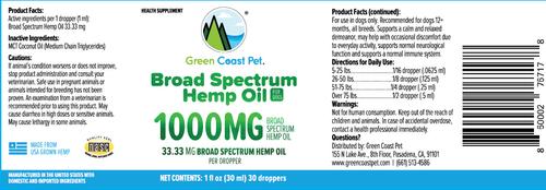 Show full view: Green Coast Pet Broad Spectrum Hemp Oil Liquid Calming Supplement for Dogs, 1000 mg, 1-fl oz bottle slide 3 of 3