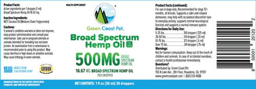 Show full view: Green Coast Pet Broad Spectrum Hemp Oil Liquid Calming Supplement for Dogs, 500 mg, 1-fl oz bottle slide 3 of 3