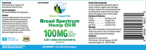 Show full view: Green Coast Pet Broad Spectrum Hemp Oil Liquid Calming Supplement for Dogs, 100 mg, 1-fl oz bottle slide 3 of 3