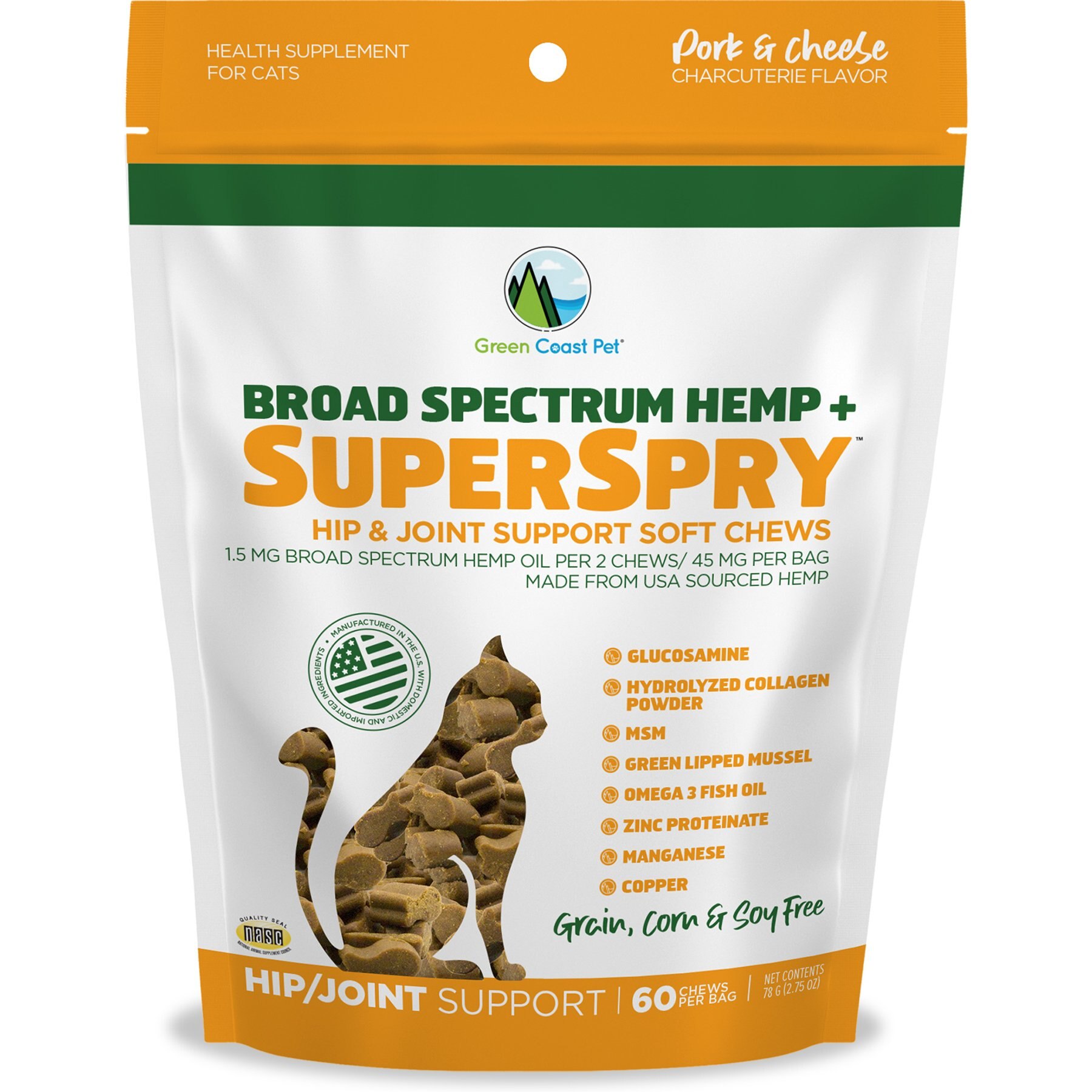 Green Coast Pet Broad Spectrum Hemp + SuperSpry Pork & Cheese Flavor Soft Chew Joint Supplement for Cats, 60 count