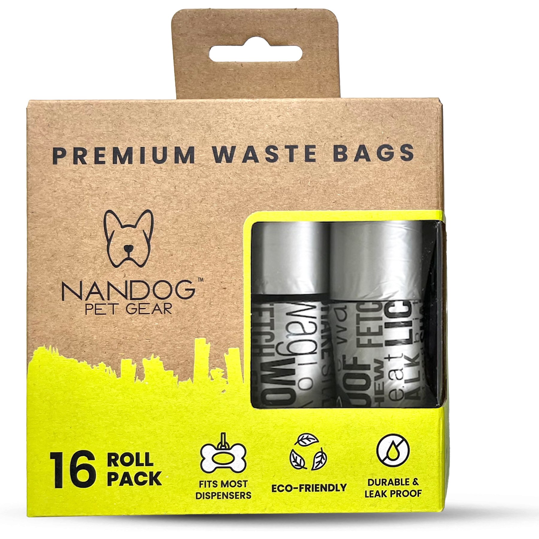 Nandog Eco-Friendly Leak & Odor Proof Dog Poop Bags, 16 Rolls, Gray Words