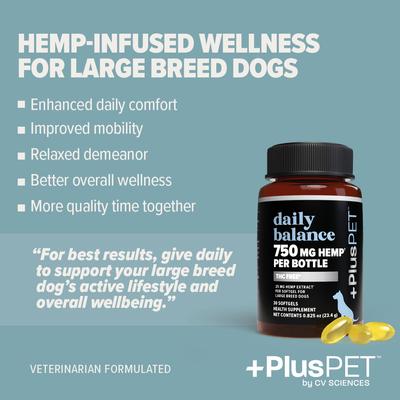 Show full view: +PlusPET Pet Daily Balance Softgel Full Spectrum Hemp Extract Health Supplement for Large Breed Dogs, 30 count slide 7 of 9
