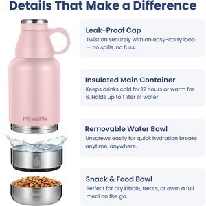 PawsPik Travel 3-in-1 Dog Water Bottle & Bowl Set, Pink