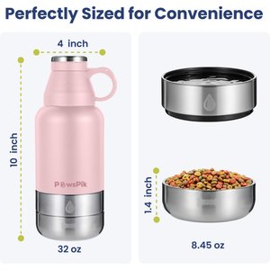 PawsPik Travel 3-in-1 Dog Water Bottle & Bowl Set, Pink