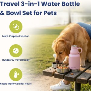 PawsPik Travel 3-in-1 Dog Water Bottle & Bowl Set, Pink
