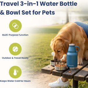 PawsPik Travel 3-in-1 Dog Water Bottle & Bowl Set, Blue