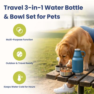 Show full view: PawsPik Travel 3-in-1 Dog Water Bottle & Bowl Set, Blue slide 2 of 11